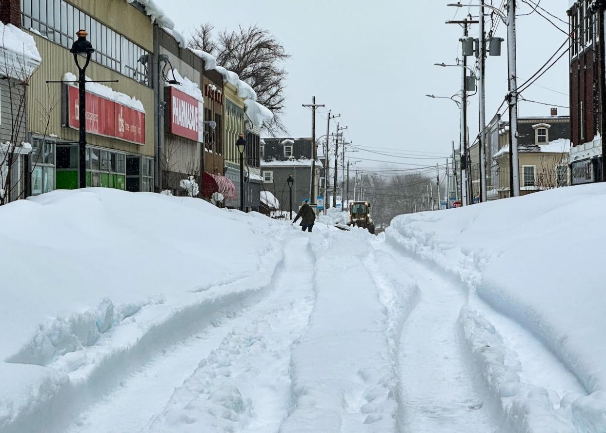 A woman makes her way on Charlotte Street in Sydney, N.S., after a heavy snowstorm over the weekend.  (Tom Ayers/CBC - image credit)