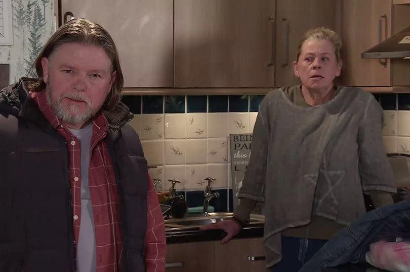 A disbelieving Denny [DANNY CUNNINGHAM] follows Bernie Winter [JANE HAZLEGROVE] up to the flat where Gemma Winter-Brown [DOLLY-ROSE CAMPBELL] and Paul Foreman [PETER ASH] are shocked to see their Dad. When Denny remarks that Paul looks great for someone that’s supposedly dead, Bernie freezes in horror.