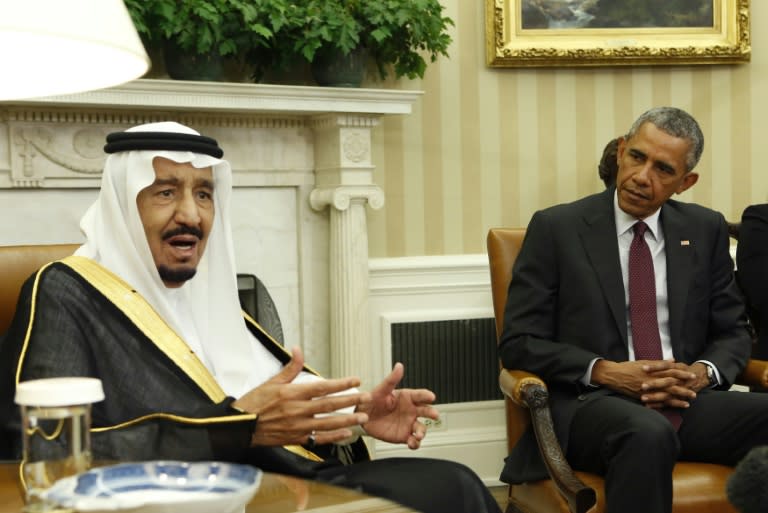 Saudi King Salman talks to the media during a meeting with US President Barack Obama in the Oval Office of the White House in Washington DC, September 4, 2015