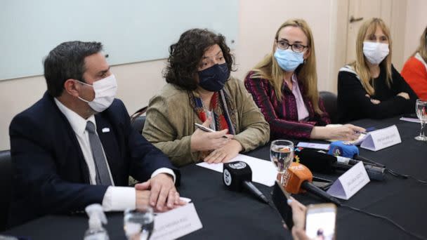 PHOTO: Health Minister Carla Vizzotti, second left, representative in Argentina of the Pan American Health Organization (PAHO) Eva Jane Llopis and provincial Health Minister Luis Medina Ruiz during a press conference in Tucuman, Argentina, Sept. 3, 2022. (Tucuman Province Health Ministry/AFP via Getty Images)