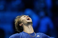 Alexander Zverev of Germany reacts after defeating Daniil Medvedev of Russia in their singles final tennis match of the ATP World Tour Finals, at the Pala Alpitour in Turin, Italy, Sunday, Nov. 21, 2021. Zverev won 6-4/6-4.(AP Photo/Luca Bruno)