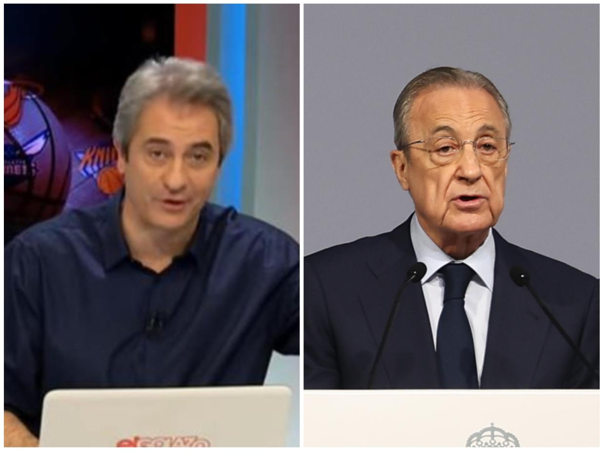 El periodista Manolo Lama y Florentino Pérez, principal impulsor de la Superliga. (Foto: Gol Play /  Oscar J. Barroso / Europa Press / Getty Images).