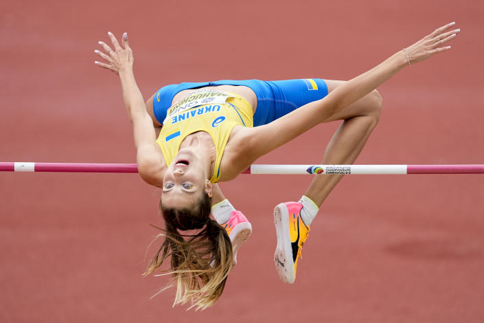 Yaroslava Mahuchikh, of Ukraine, competes during qualifying for the women's high jump at the World Athletics Championships on Saturday, July 16, 2022, in Eugene, Ore. (AP Photo/Gregory Bull)