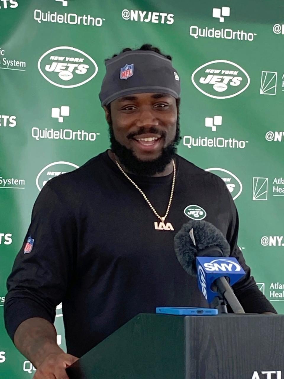 August 17, 2023: New York Jets running back Dalvin Cook speaks to reporters at the team's facility in Florham Park, N.J. The former Minnesota Vikings star signed a one-year contract with the Jets on Aug. 16.