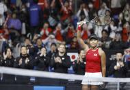 Naomi Osaka of Japan reacts to spectators after defeating Yulia Putintseva of Kazakhstan in their Billie Jean King Cup tennis match in Tokyo, Friday, April 12, 2024. (Michi Ono/Kyodo News via AP)