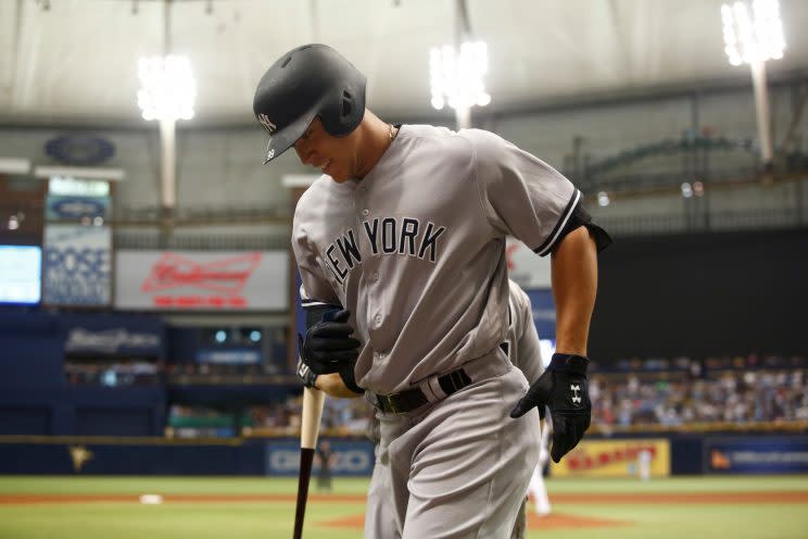 Aaron Judge trots off the field after a game against the Devil Rays in May (Getty Images).