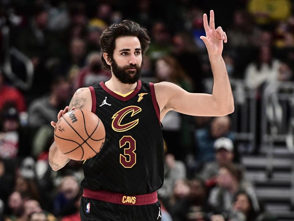 Dec 18, 2021; Milwaukee, Wisconsin, USA; Cleveland Cavaliers guard Ricky Rubio (3) calls a play in the third quarter during the game against the Milwaukee Bucks at Fiserv Forum. Mandatory Credit: Benny Sieu-USA TODAY Sports