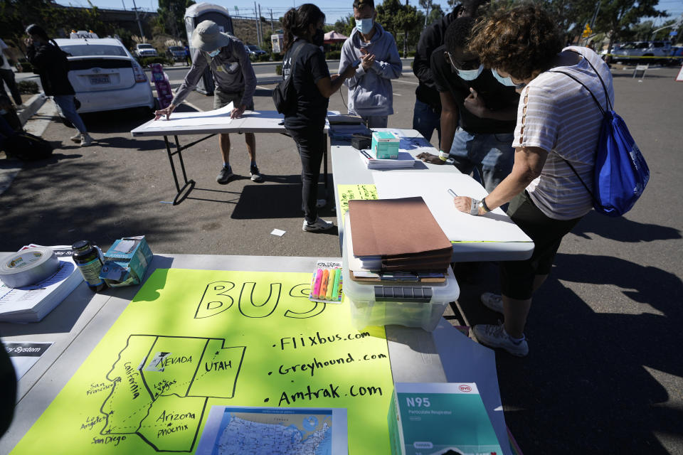 A bus map sits on a table in a parking lot set up to help people with travel plans, accommodation, food and shelter, Friday, Oct. 6, 2023, in San Diego. San Diego's well-oiled system of migrant shelters is being tested like never before as U.S. Customs and Border Protection releases migrants to the streets of California's second-largest city because shelters are full. (AP Photo/Gregory Bull)