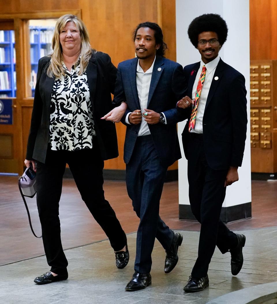 Gloria Johnson, D-Knoxville, left, Justin Jones, center, and Justin Pearson in Nashville, Tennessee, on Friday, April 7, 2023.