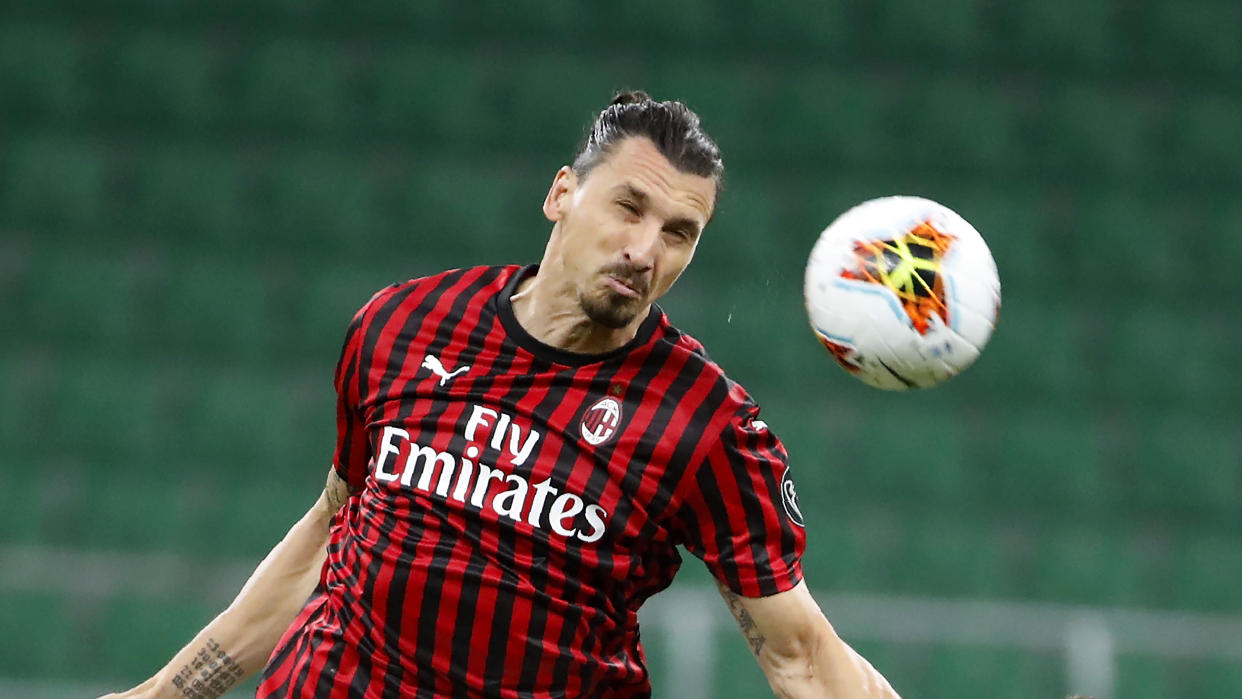 AC Milan's Zlatan Ibrahimovic controls the ball during the Serie A soccer match between AC Milan and Atalanta at the San Siro stadium, in Milan, Italy, Friday, July 24, 2020. (AP Photo/Antonio Calanni)