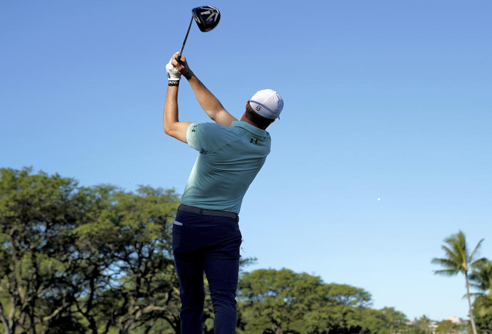 Jordan Spieth hits from the fourth tee during the pro-am round of the Sony Open golf event, Wednesday, Jan. 9, 2019, at the Waialae Country Club in Honolulu, Hawaii. (AP Photo/Matt York)