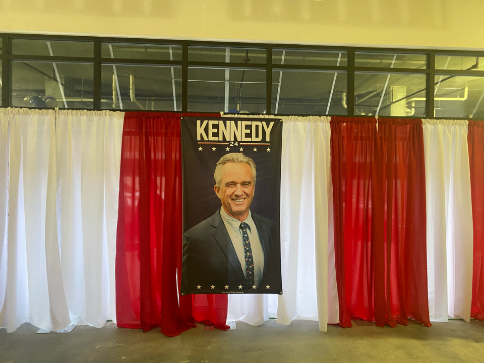 A portrait of Robert F Kennedy hangs from a wall at his New Jersey campaign launch in Elizabeth on Thursday 28 September (Bevan Hurley)