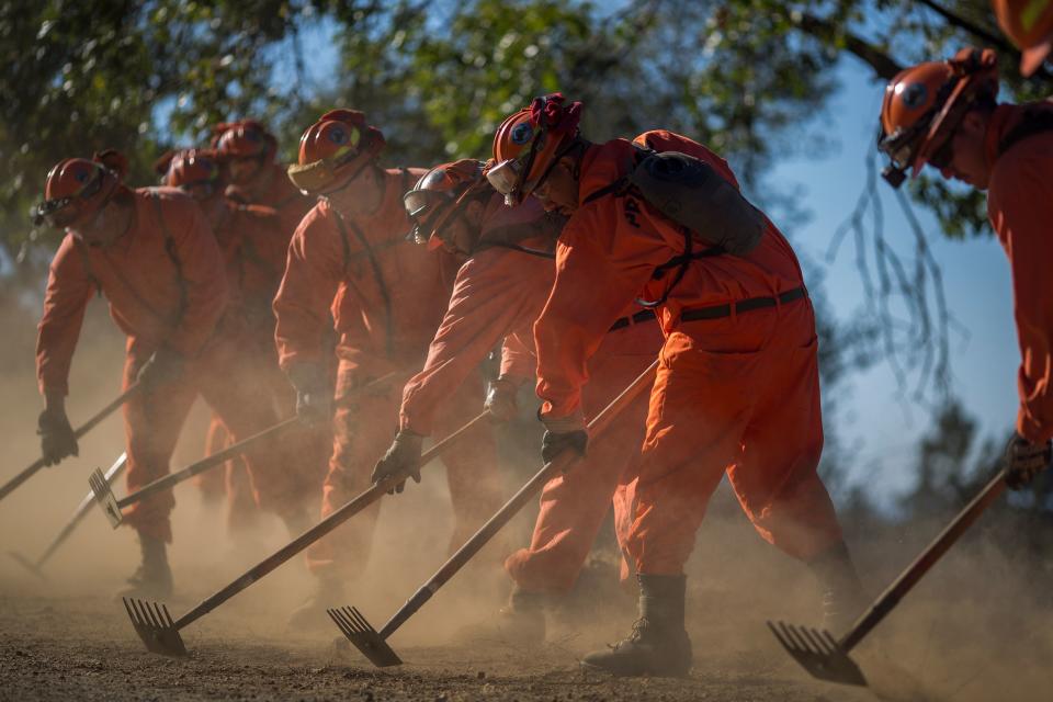 Inmate firefighters from Oak Glen Conservation Camp clear vegetation that could fuel a wildfire near Yucaipa, Calif., in 2017. (David McNew/AFP via Getty Images)