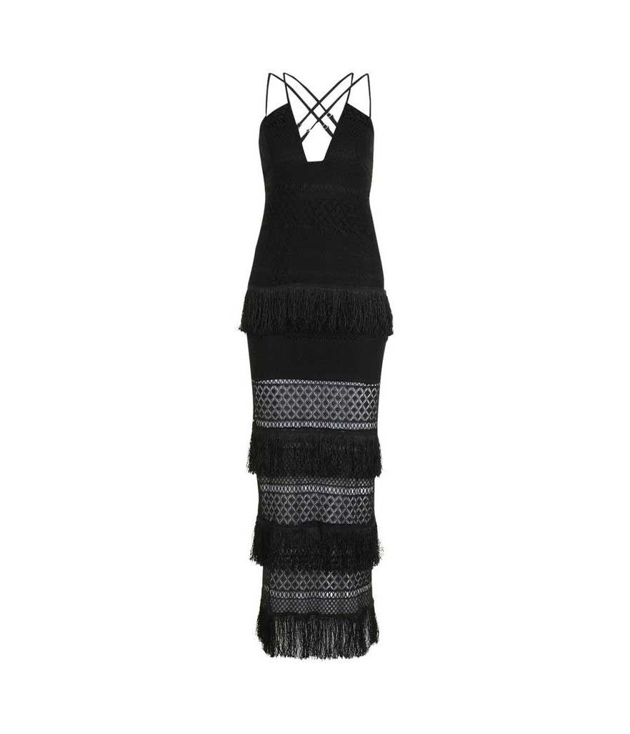 Black fringe maxi dress.