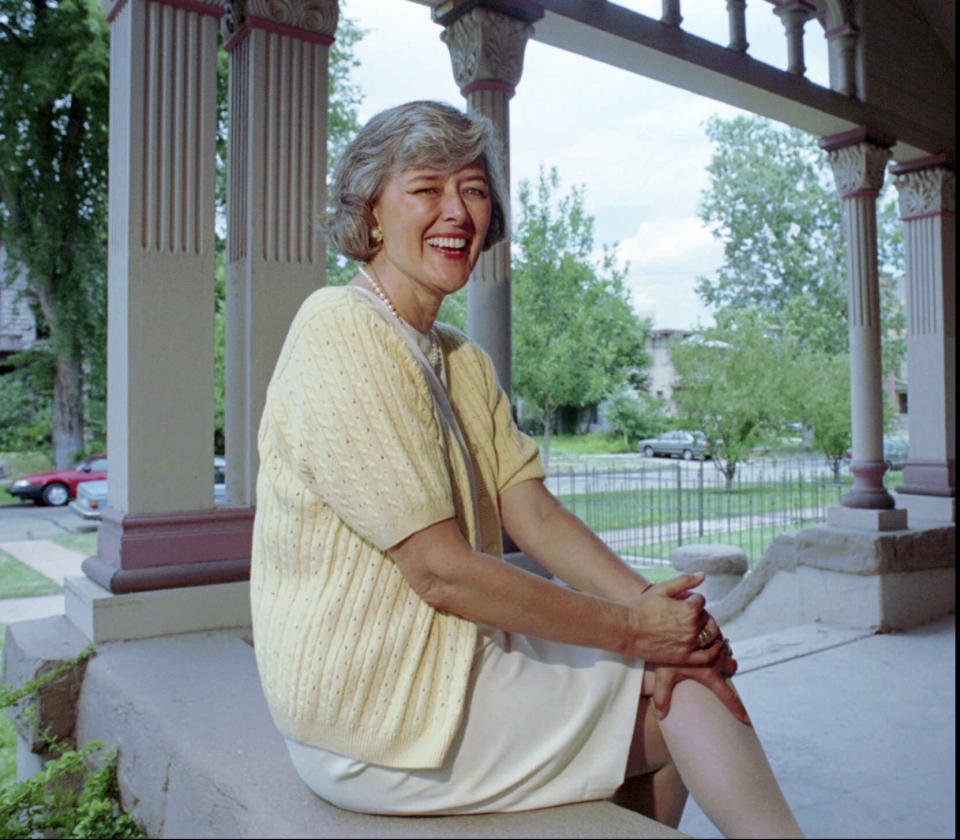 FILE - U.S. Rep. Pat Schroeder, D-Colo., sits on the porch outside her Capitol Hill headquarters in Denver on July 18, 1994. Schroeder, a pioneer for women’s and family rights in Congress, has died at the age of 82. Schroeder's former press secretary, Andrea Camp, said Schroeder suffered a stroke recently and died Monday night, March 13, 2023, at a hospital in Florida, the state where she had been residing. (AP Photo/file/Joe Mahoney, File)