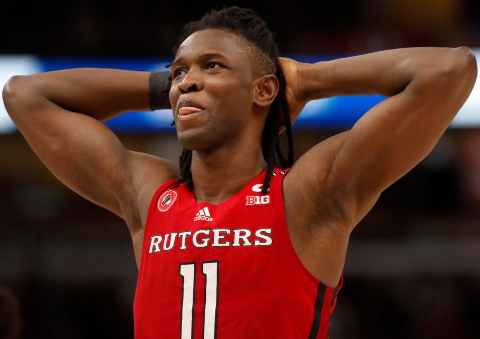 Rutgers Scarlet Knights center Clifford Omoruyi (11) reacts to a call during the Big Ten Men’s Basketball Tournament game against the Purdue Boilermakers, Friday, March 10, 2023, at United Center in Chicago. Purdue Boilermakers won 70-65.