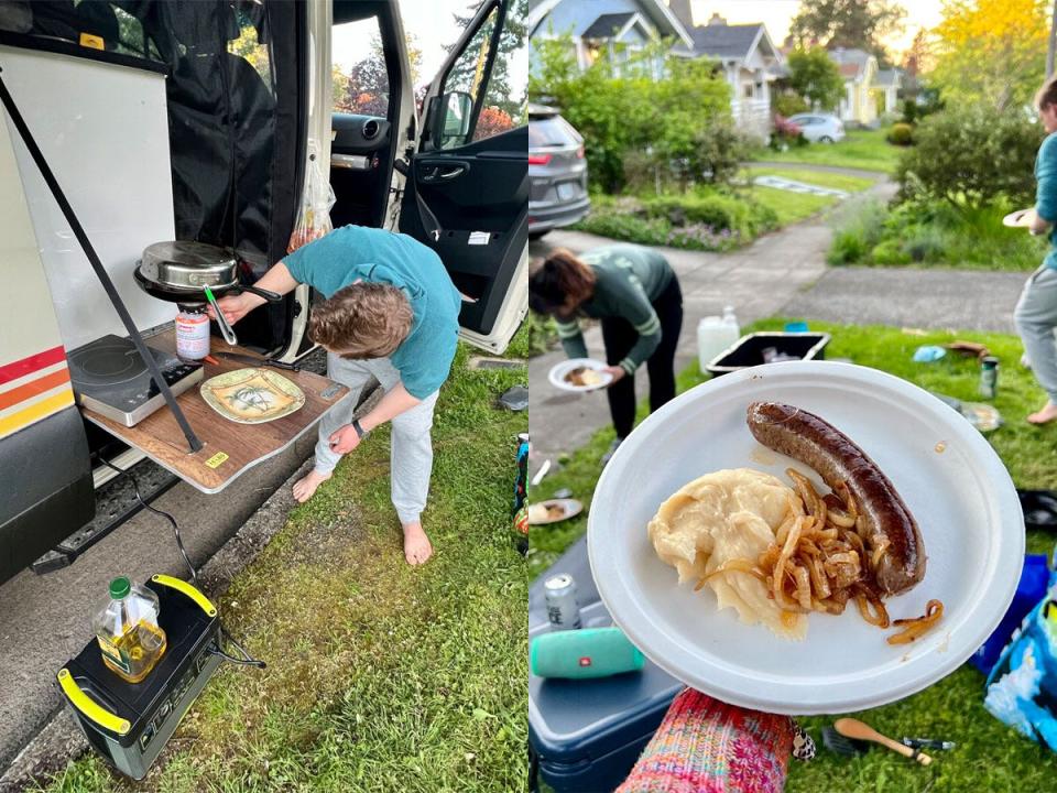 ashley probst van cookout, plate with sausage and portato on the right