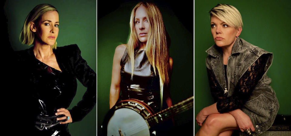 This combination of self-portraits shows, from left, Martie Maguire, Emily Strayer and Natalie Maines, of The Chicks, who are promoting the release of their latest album "Gaslighter." (Martie Maguire, from left, Emily Robison and Natalie Maines via AP)