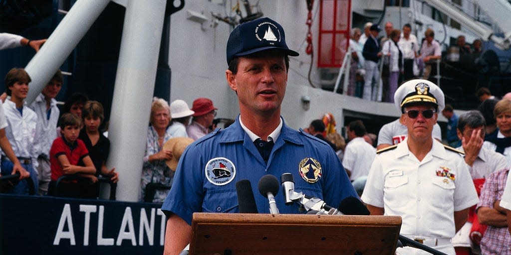 Former commander in the United States Navy and oceanographer Robert Ballard, aboard the Atlantis II returns from the first expedition studying the wreck of the Titanic