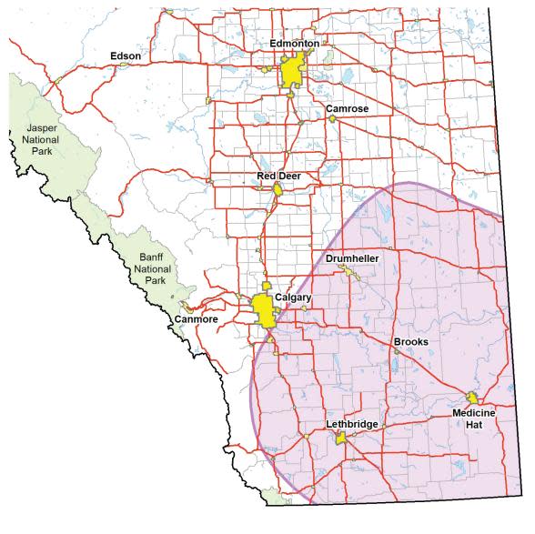 Alberta's grassland region is in the southeast of the province.