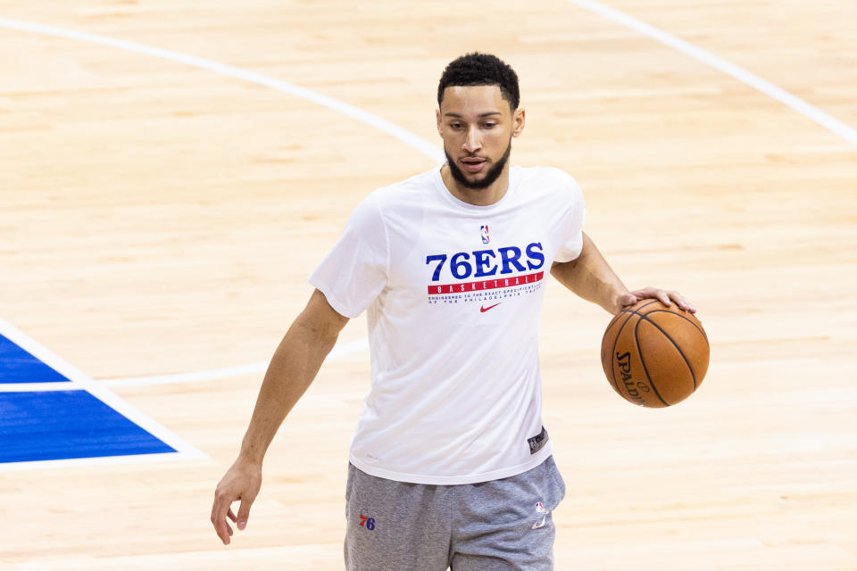 Jun 20, 2021; Philadelphia, Pennsylvania, USA; Philadelphia 76ers guard Ben Simmons warms up before game seven of the second round of the 2021 NBA Playoffs against the Atlanta Hawks at Wells Fargo Center. Mandatory Credit: Bill Streicher-USA TODAY Sports