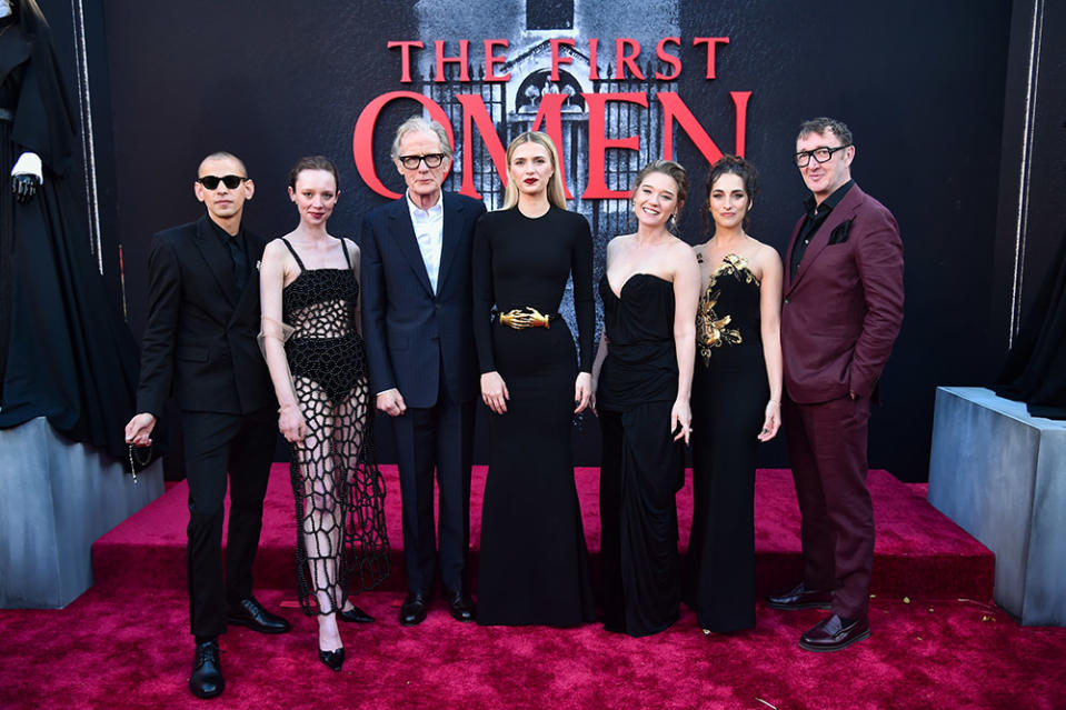 Tawfeek Barhom, Ishtar Currie-Wilson, Bill Nighy, Nell Tiger Free, Arkasha Stevenson, María Caballero and Ralph Ineson attends The First Omen - Premiere at Regency Village Theatre on March 26, 2024 in Los Angeles, California.