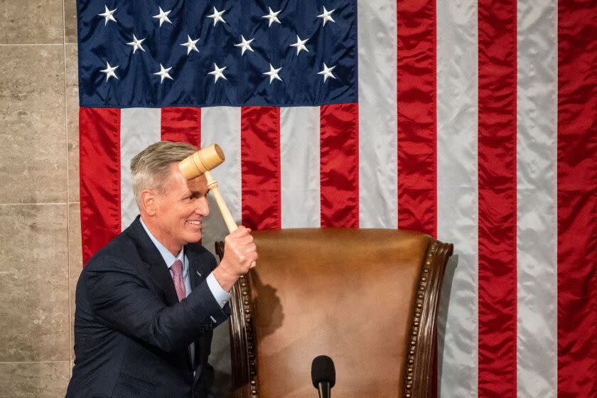 WASHINGTON, DC - JANUARY 07: Rep. Kevin McCarthy (R-CA) is elected Speaker of the House of Representatives in the House Chamber of the U.S. Capitol Building on Saturday, Jan. 7, 2023 in Washington, DC. After multiple failed attempts to elect a Speaker of the House - the first time in 100 years that the Speaker was not elected on the first ballot- the Republican members of the 118th Congress successfully elected McCarthy the morning following the second anniversary of the January 6 insurrection. (Kent Nishimura / Los Angeles Times)