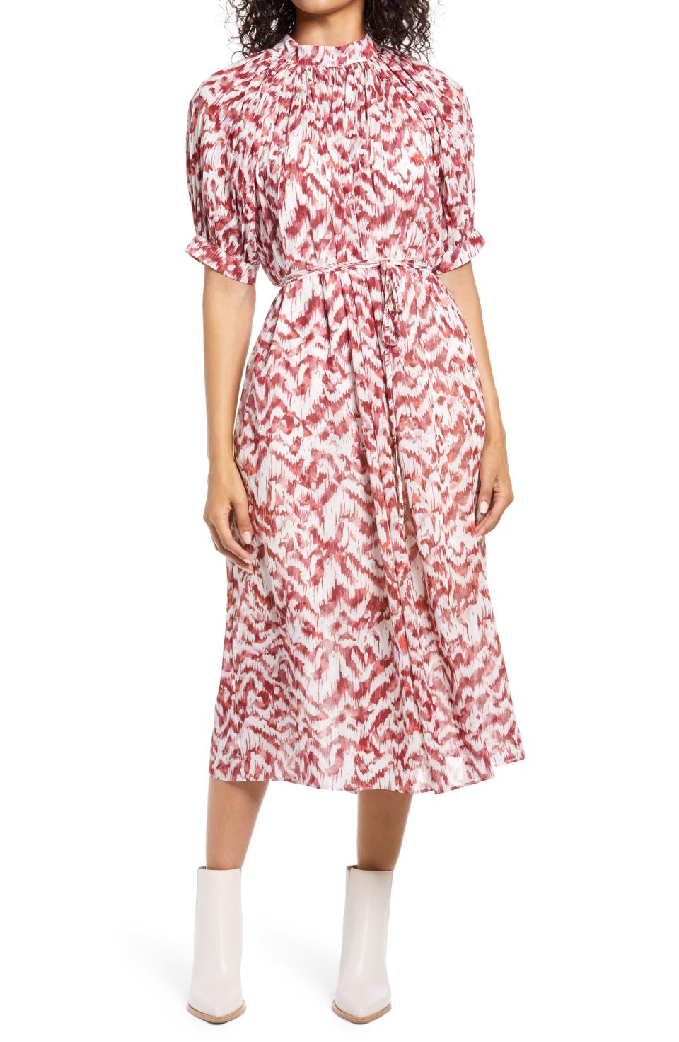 Maggy London Puff Sleeve Pleated Midi Dress. Image via Nordstrom.