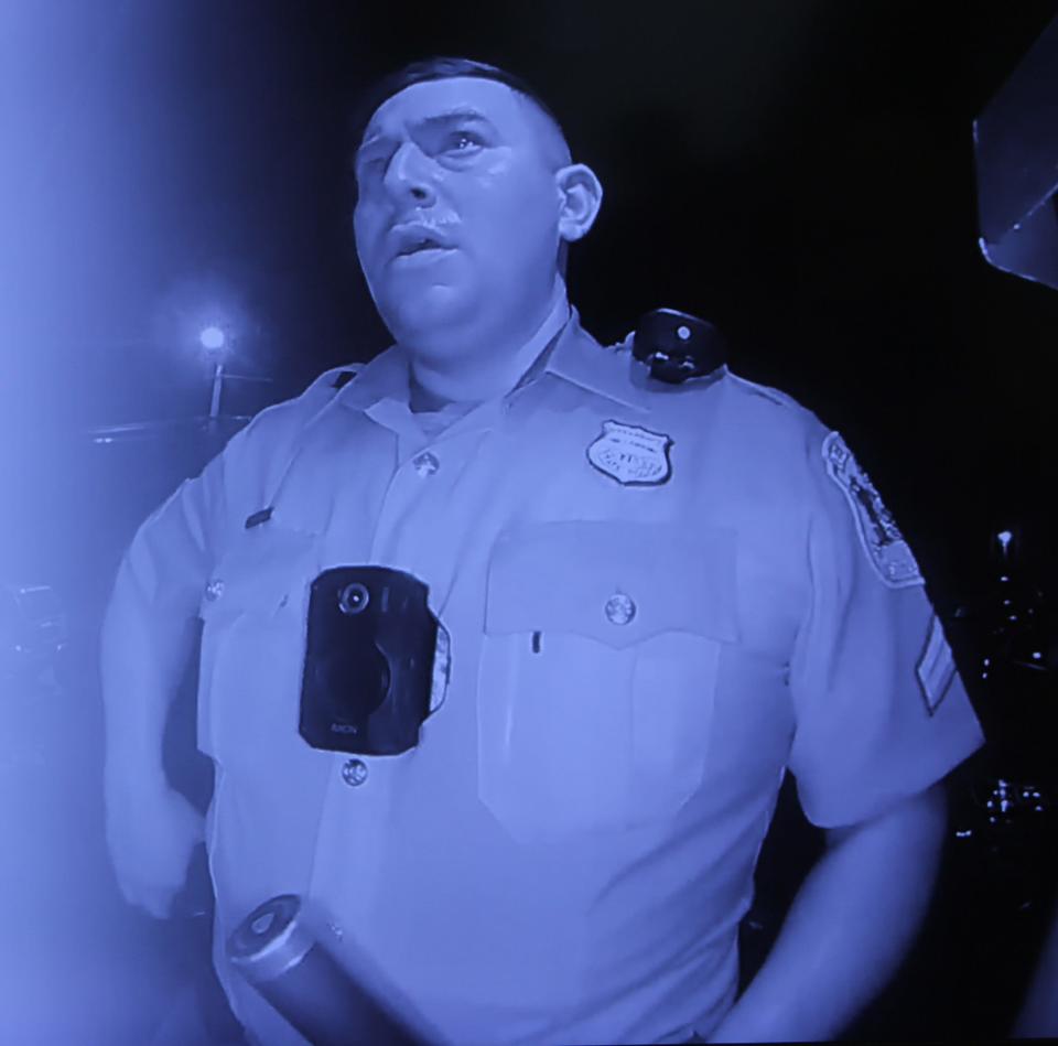 A still from a doorbell camera, provided by lawyers, of Delaware State Police trooper Dempsey Walters from August 21, 2023.  Walters is charged with attacking and injuring two teenagers that evening.