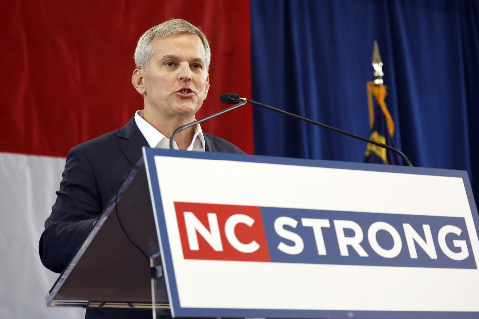 Democratic North Carolina gubernatorial candidate Josh Stein speaks at rally at Shaw University in Raleigh, N.C., Tuesday, Oct. 10, 2023. (AP Photo/Karl B DeBlaker)