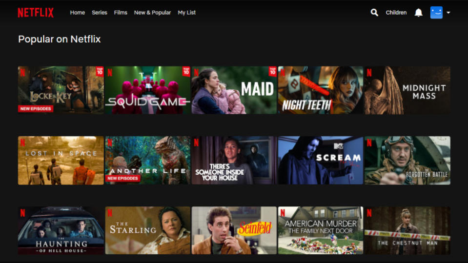 Netflix menu showing popular shows