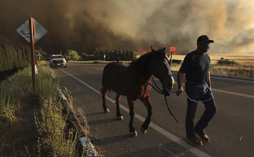 A resident evacuates his horse as the Corral Fire bears down on ranches west of Tracy, Calif., Saturday, June 1, 2024.