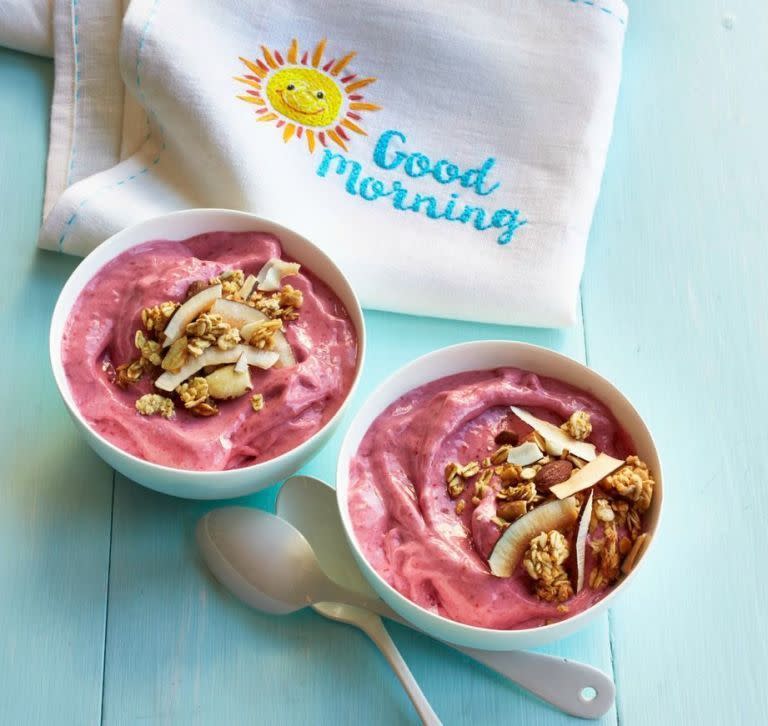 breakfast in bed smoothie bowls topped with granola