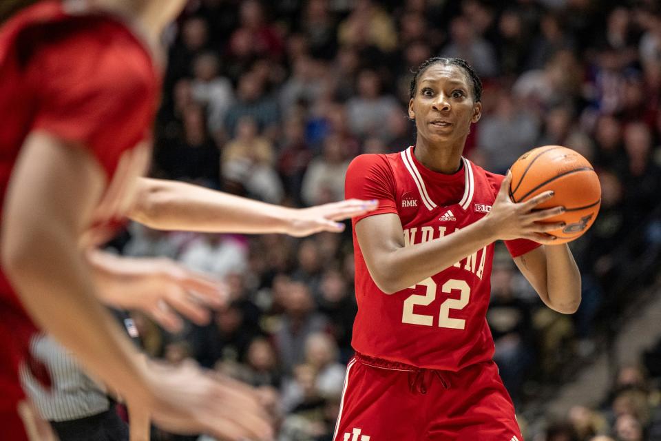 Indiana guard Chloe Moore-McNeil (22) looks to a teammate to pass to during an NCAA basketball game against Purdue on Sunday, Jan. 21, 2024, in West Lafayette, Ind. (AP Photo/Doug McSchooler)