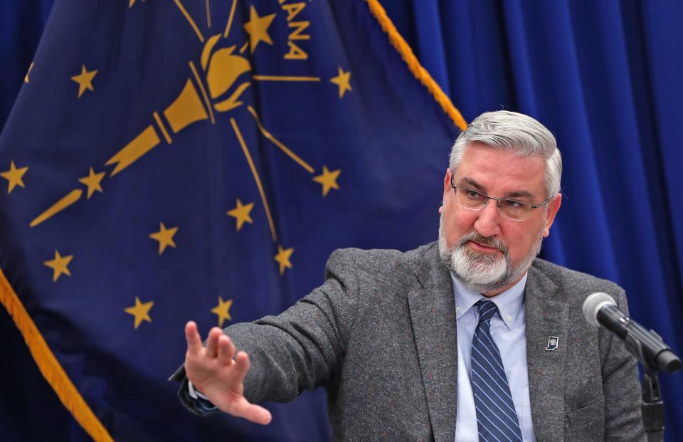 Gov. Eric Holcomb speaks about his 2022 agenda Monday, Jan. 3, 2022 at the Indiana Government Center South in Indianapolis.