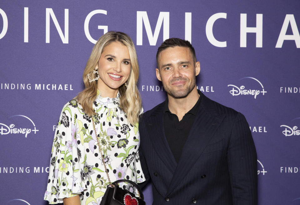 Vogue Williams (left) and Spencer Matthews attending the premiere of the documentary, Finding Michael, at the Dolby Cinema At The Cinema In The Power Station, Battersea Power Station, London. Picture date: Tuesday February 21, 2023. (Photo by Belinda Jiao/PA Images via Getty Images)