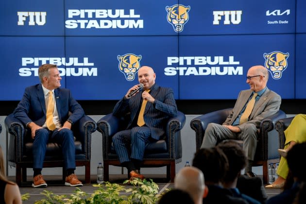 Scott Carr, Pitbull, and Kenneth Jessell speak during the FIU Pitbull Stadium announcement at Tamiami Hall at Florida International University on August 06, 2024 in Miami, Florida. - Credit: Ivan Apfel/Getty Images