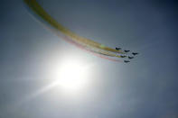 Members of the "August 1st" Aerobatic Team of the Chinese People's Liberation Army (PLA) Air Force perform during the 13th China International Aviation and Aerospace Exhibition, also known as Airshow China 2021, on Tuesday, Sept. 28, 2021, in Zhuhai in southern China's Guangdong province. (AP Photo/Ng Han Guan)