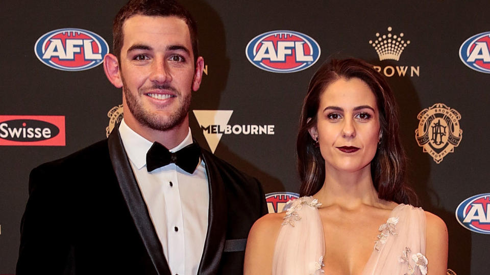 Taylor Walker and Ellie Brown at the 2018 Brownlow Medal night. Pic: Getty