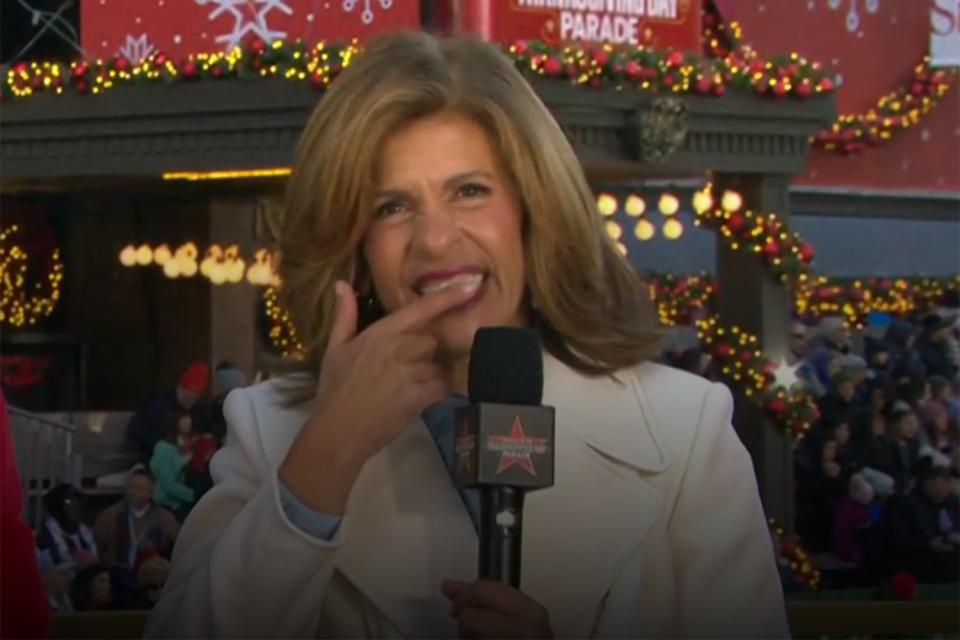 <p>Today Show/X</p> Hoda Kotb signals to her daughters during Macy