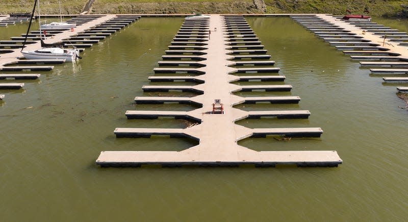 Docks float in the Browns Ravine Cove area of Folsom Lake in Folsom, California on March 26, 2023.
