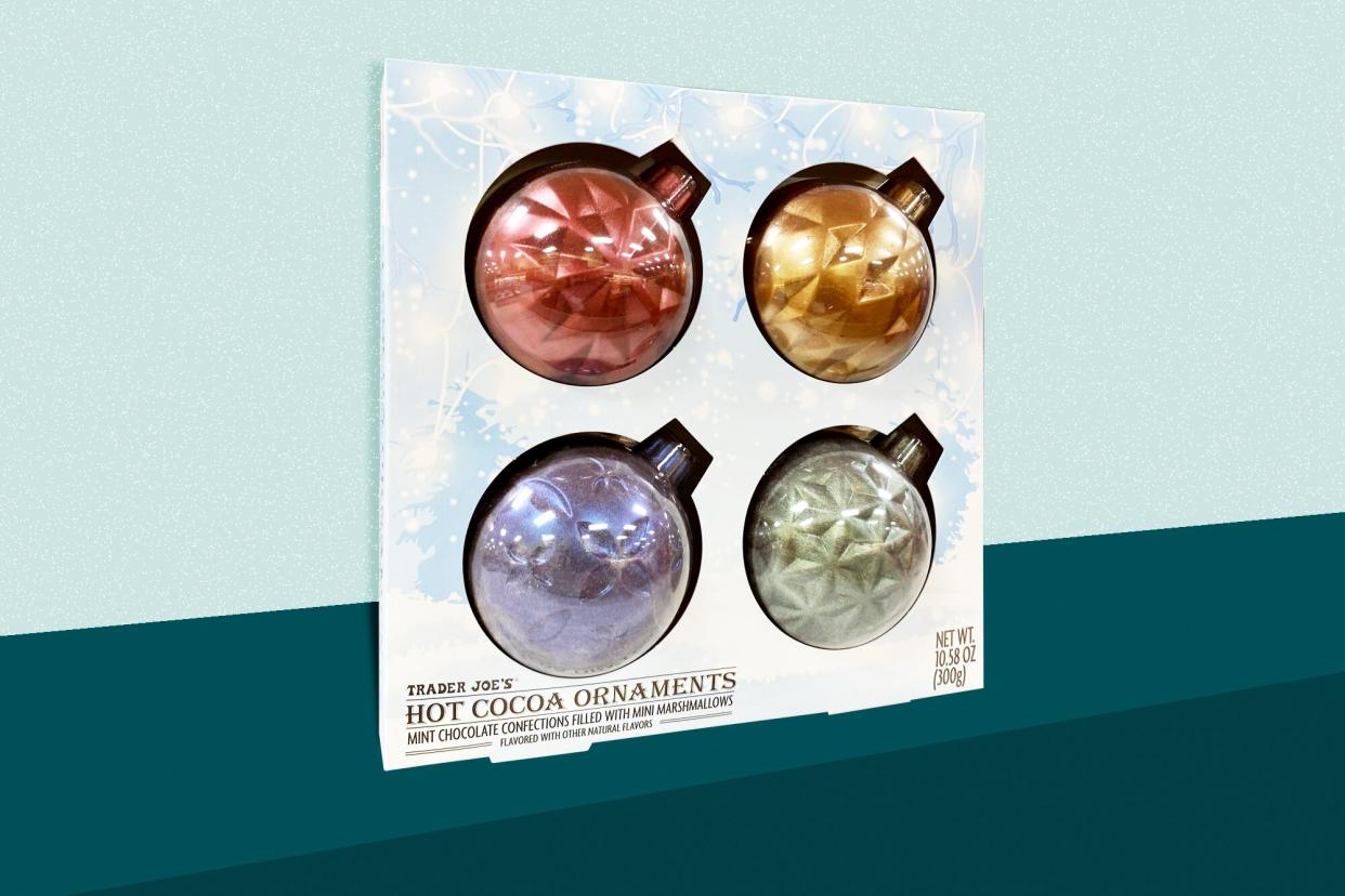 Trader Joe's Hot Cocoa Ornaments on a designed background