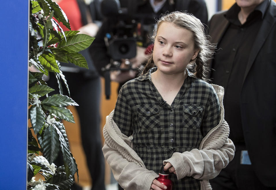 Swedish environmental activist Greta Thunberg arrives to speak to the media at the European Parliament in Strasbourg, Eastern France, Tuesday April 16, 2019. (AP Photo/Jean-Francois Badias)