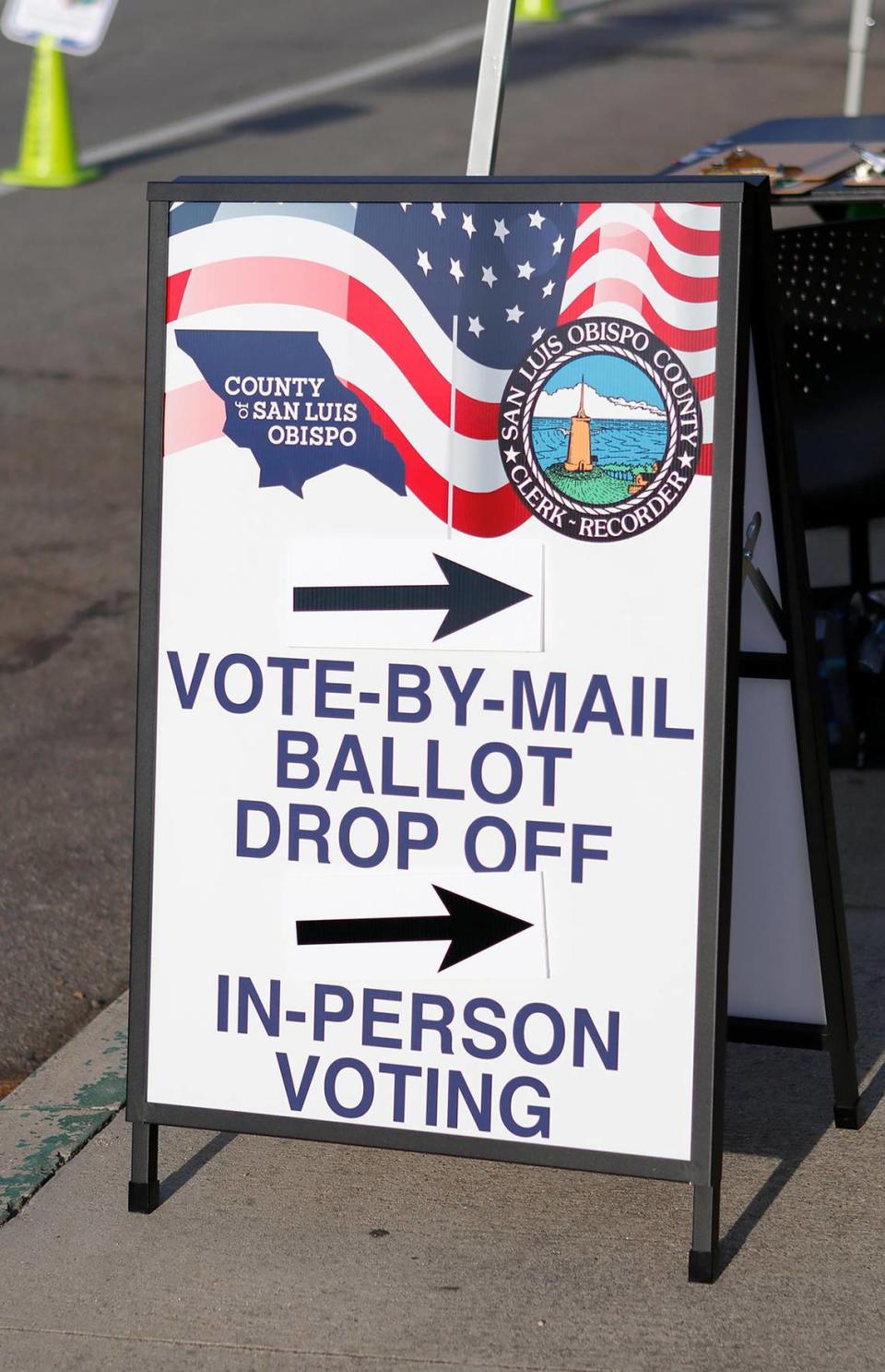 A sign welcomes voters to the Ludwick Community Center gym in San Luis Obispo on Tuesday, Nov. 3, 2020. The Voter Service Center saw a steady procession of voters throughout the day. Laura Dickinson/ldickinson@thetribunenews.com