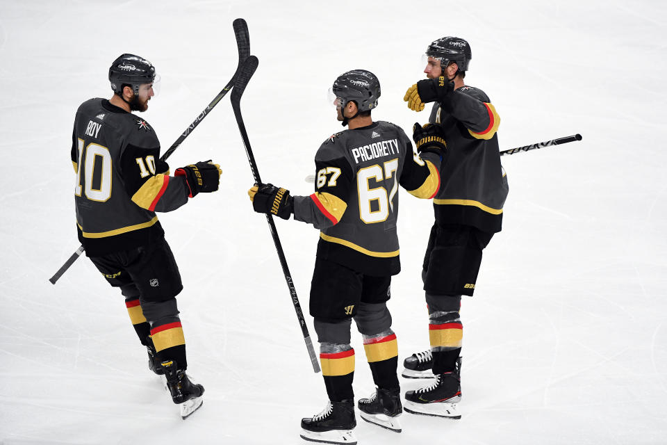 LAS VEGAS, NEVADA - JUNE 22:  Max Pacioretty #67 of the Vegas Golden Knights is congratulated by Nicolas Roy #10 and Alex Pietrangelo #7 after scoring a goal against the Montreal Canadiens during the third period in Game Five of the Stanley Cup Semifinals of the 2021 Stanley Cup Playoffs at T-Mobile Arena on June 22, 2021 in Las Vegas, Nevada. (Photo by Sam Morris/Getty Images)