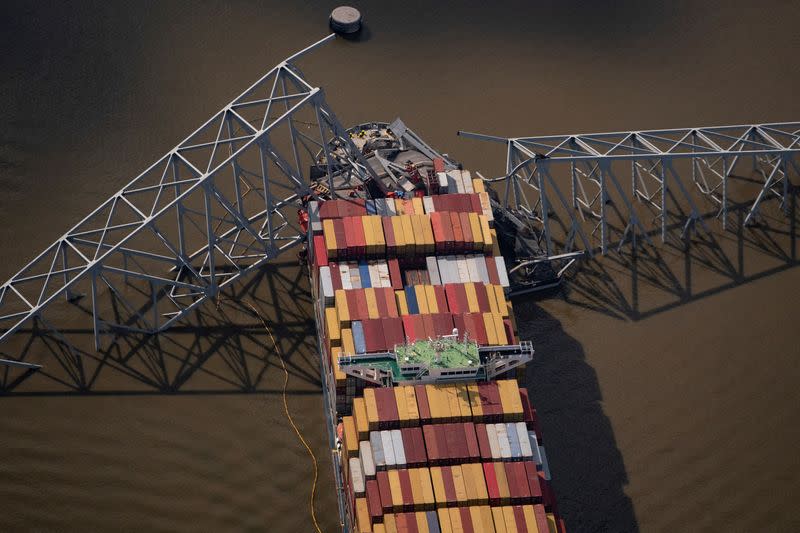 View of the Dali cargo vessel which crashed into the Francis Scott Key Bridge causing it to collapse in Baltimore, Maryland