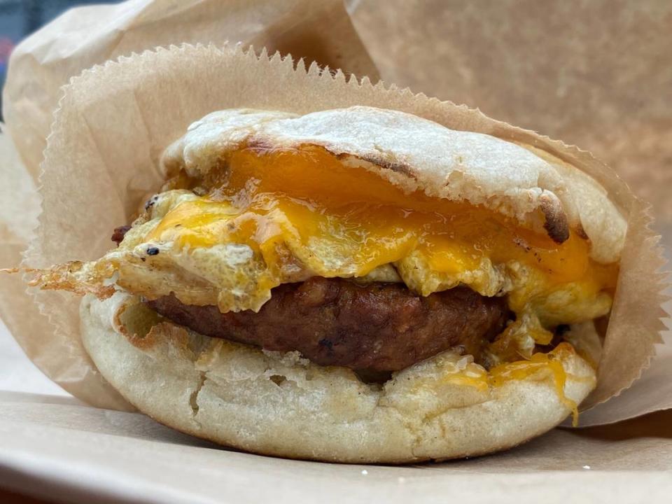 Rhino Market & Deli’s Classic English Muffin Sandwich comes with scrambled egg, one protein (Soysage shown), one cheese (Boar’s Head Sharp Wisconsin Cheddar shown). 