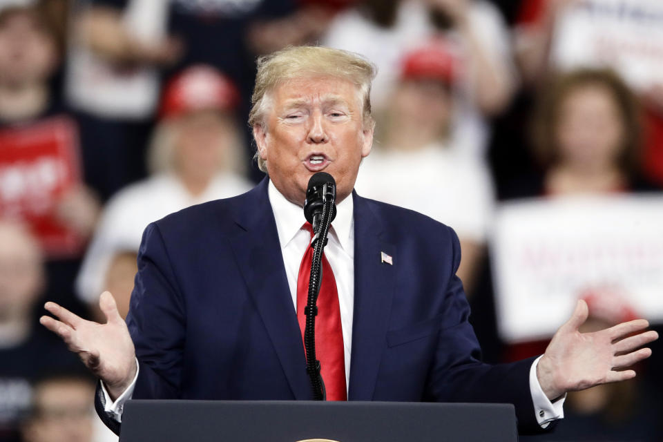 President Donald Trump speaks during a campaign rally in Hershey, Pa., Tuesday, Dec. 10, 2019. (AP Photo/Matt Rourke)