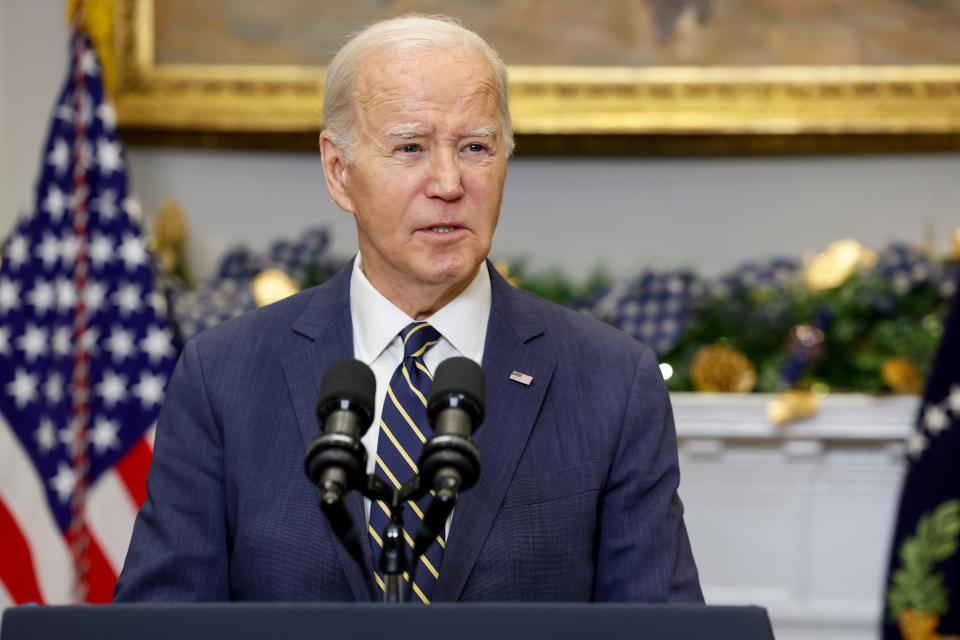 President Joe Biden, speaking from the Roosevelt Room at the White House on Dec. 6, 2023, urges Congress to pass additional military and economic assistance for Ukraine.