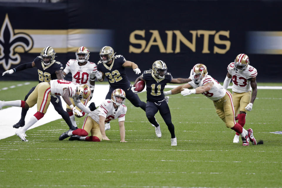 New Orleans Saints Deonte Harris (11) carries on a 75 yard kickoff return in the first half of an NFL football game in New Orleans, Sunday, Nov. 15, 2020. (AP Photo/Butch Dill)